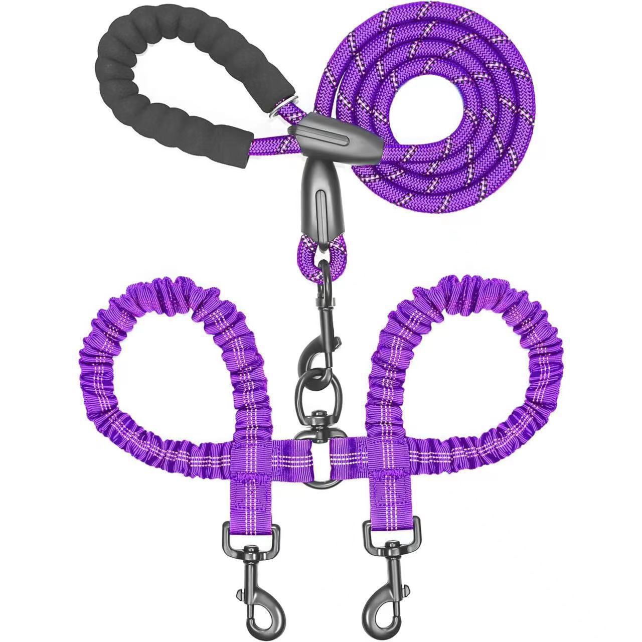 Purple double dog leash with padded handle and reflective stitching, tangle-free design