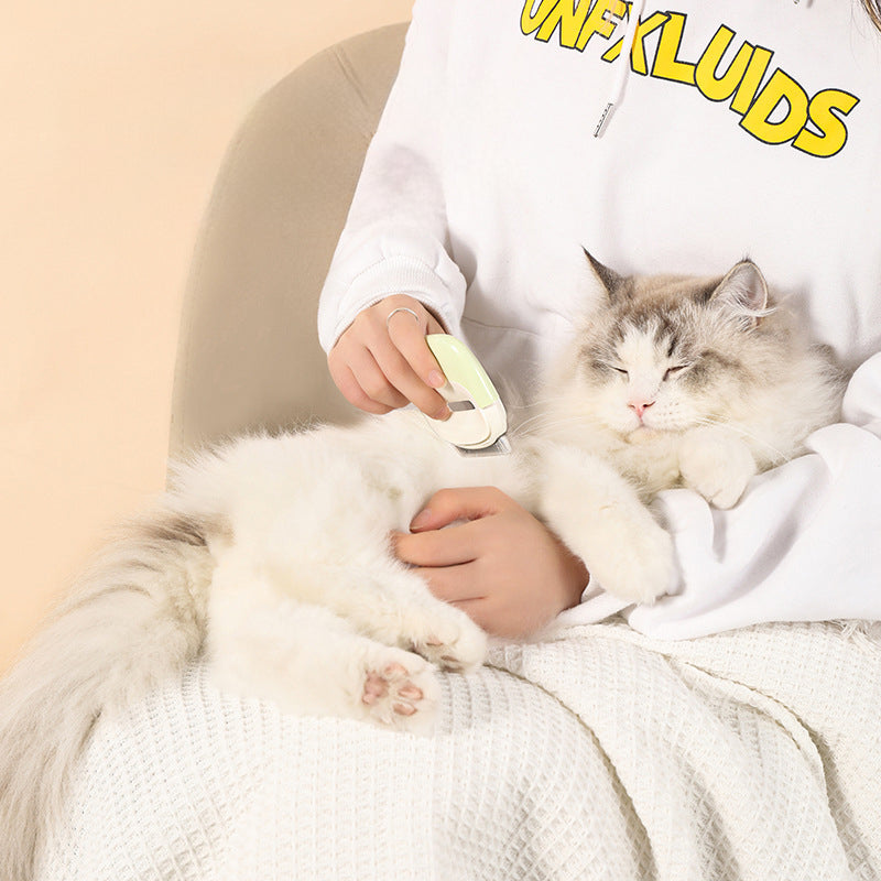 Person using pet grooming tool to brush fluffy white cat on lap