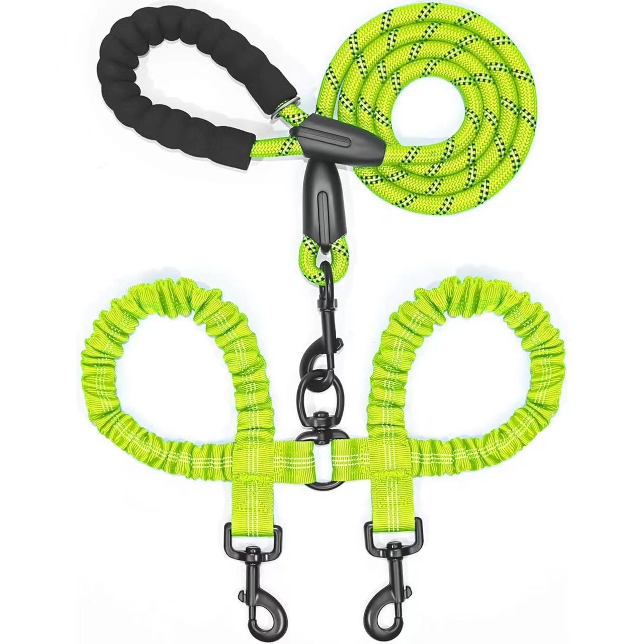 Neon green double dog leash with padded handle and reflective stitching for pet walking