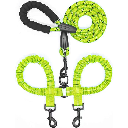 Neon green double dog leash with padded handle and reflective stitching for pet walking