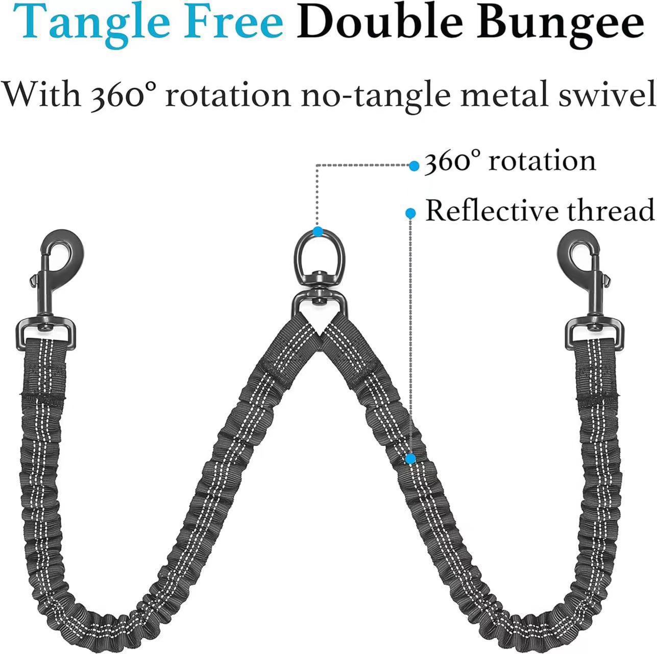 Tangle-free double bungee dog leash with 360-degree swivel and reflective thread.