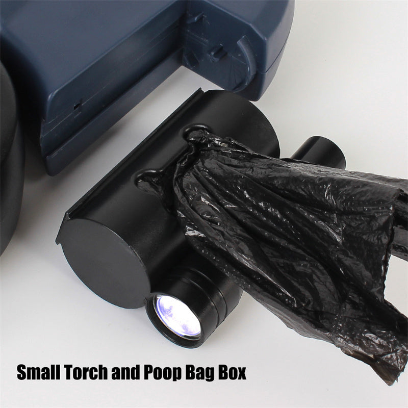 Pet waste bag dispenser with built-in LED light, black plastic, for dog walking convenience