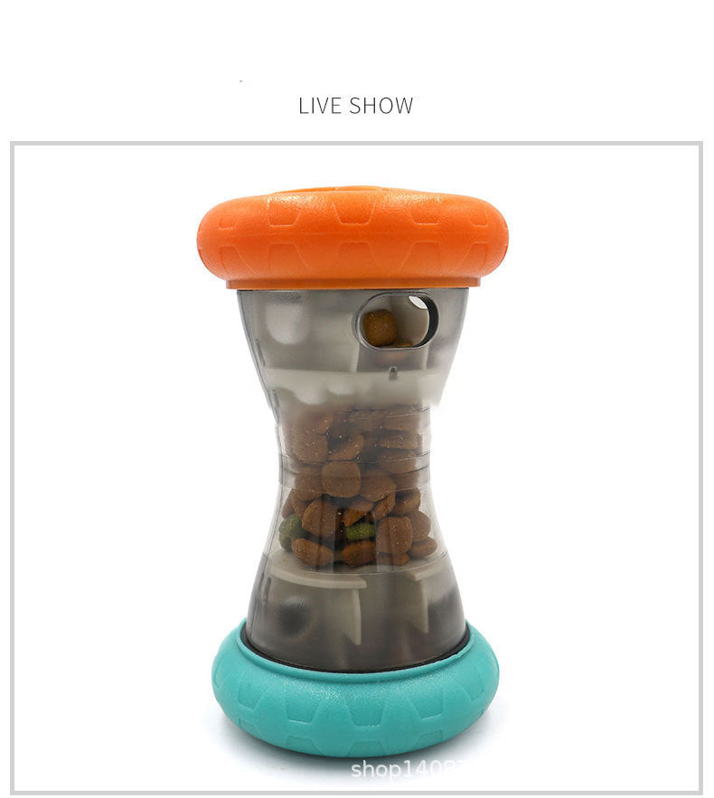 Interactive pet treat dispenser toy with orange and blue ends, filled with kibble