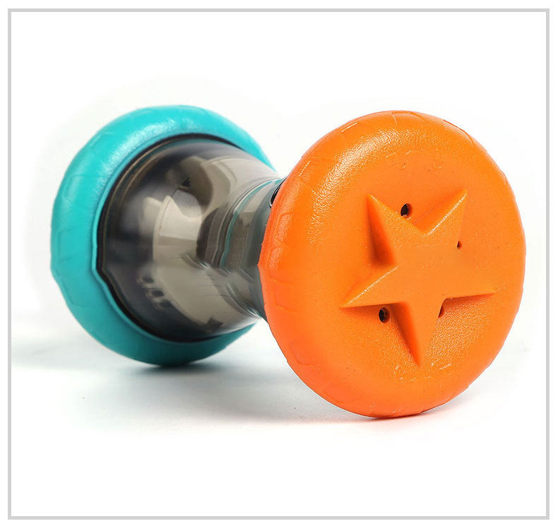 Durable dog treat dispenser toy with orange and teal ends, star shape on orange lid