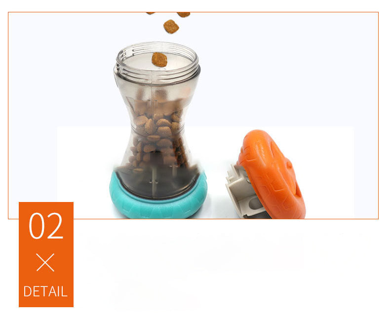 Interactive pet treat dispenser toy with blue base, orange lid, and dry kibble inside