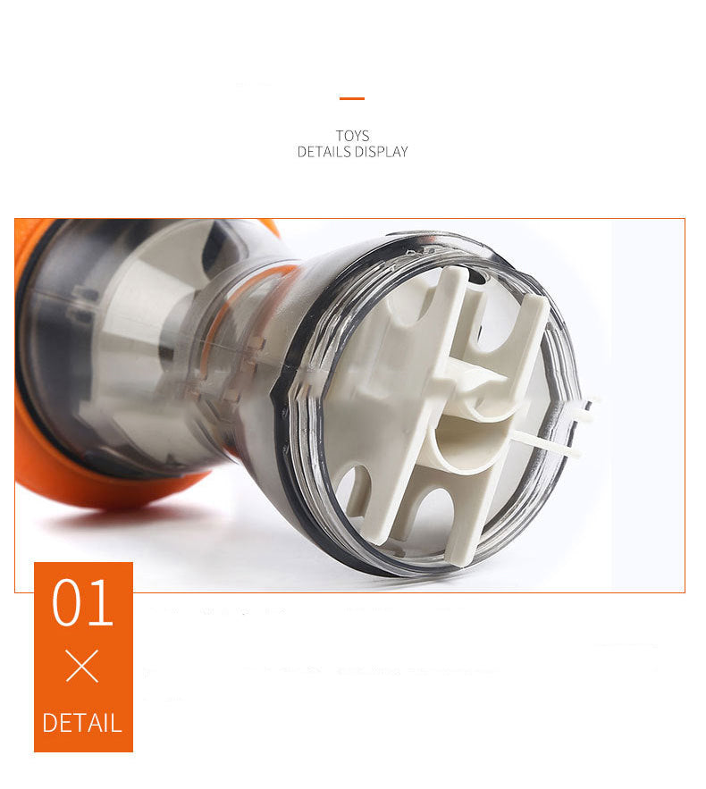 Close-up of interactive pet toy detail, clear plastic and orange dispenser design
