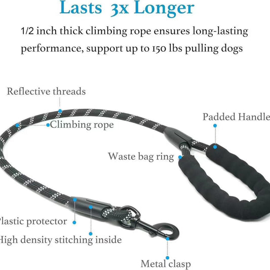 Heavy-duty dog leash with reflective threads, padded handle, metal clasp, and waste bag ring.