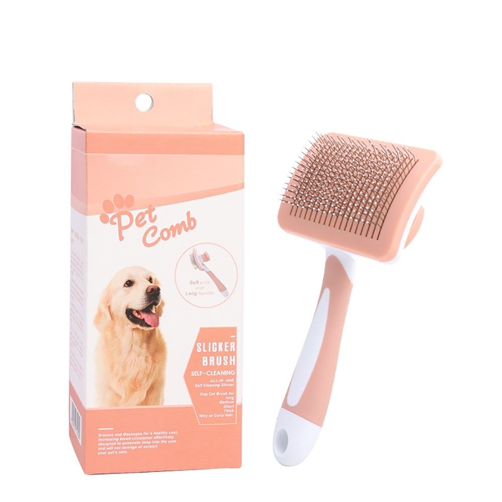 Self-cleaning pet slicker brush with box, ideal for dog grooming and shedding control