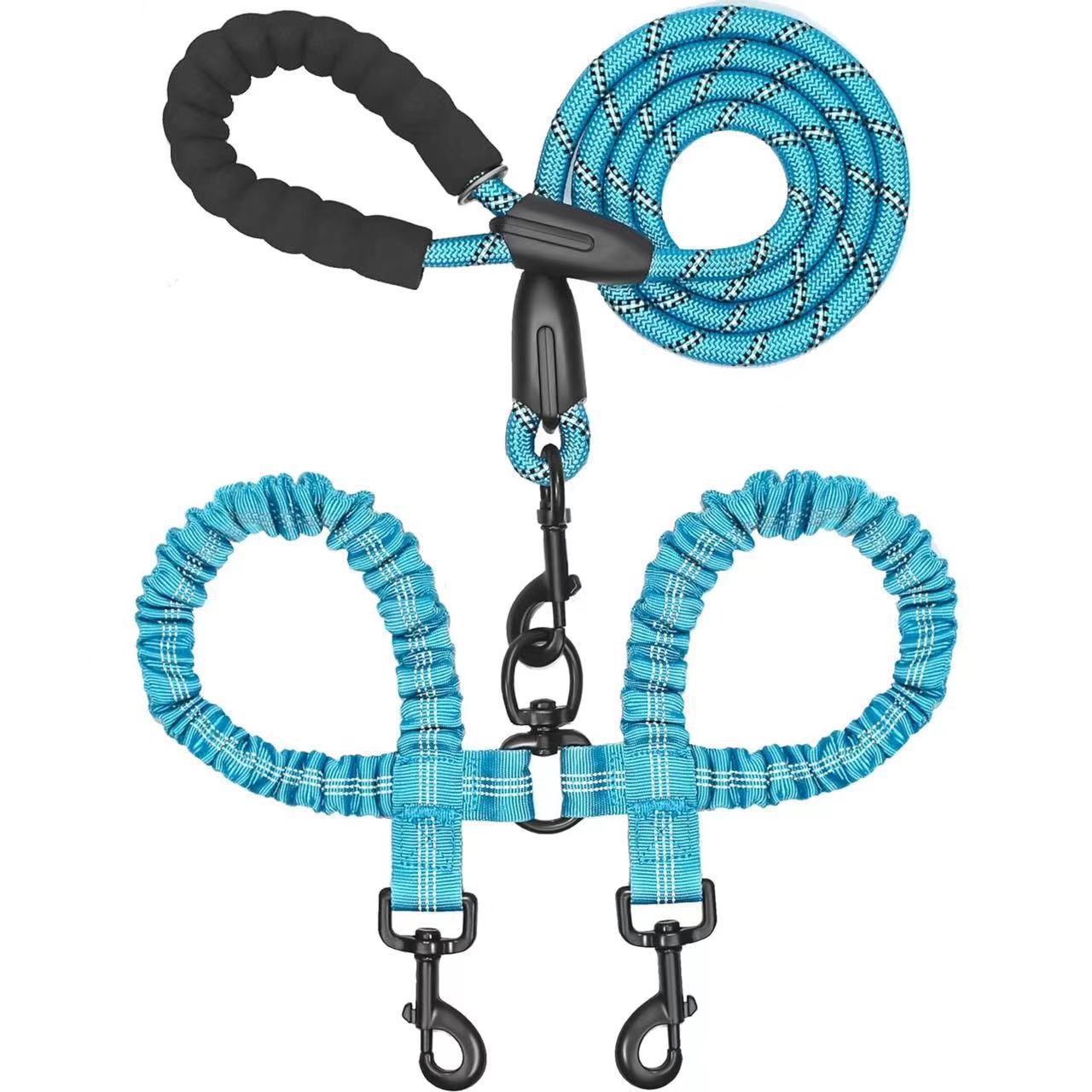 Blue double dog leash with padded handle and tangle-free swivel, durable pet walking accessory