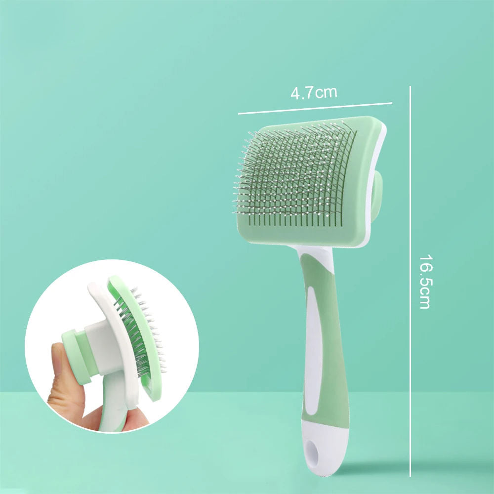 Self-cleaning pet grooming brush with green handle, wire bristles, and size dimensions