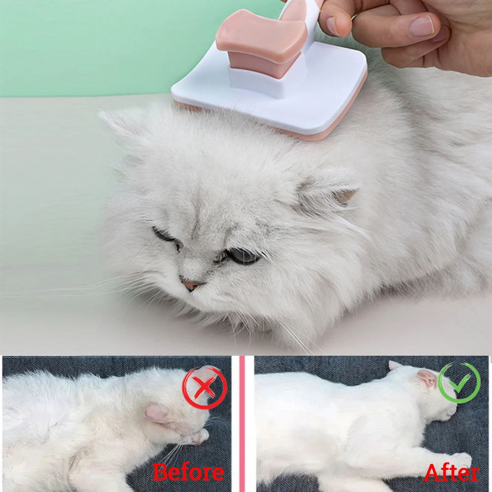 Cat being groomed with pet brush, before and after images showing cleaner fur, pet grooming tool