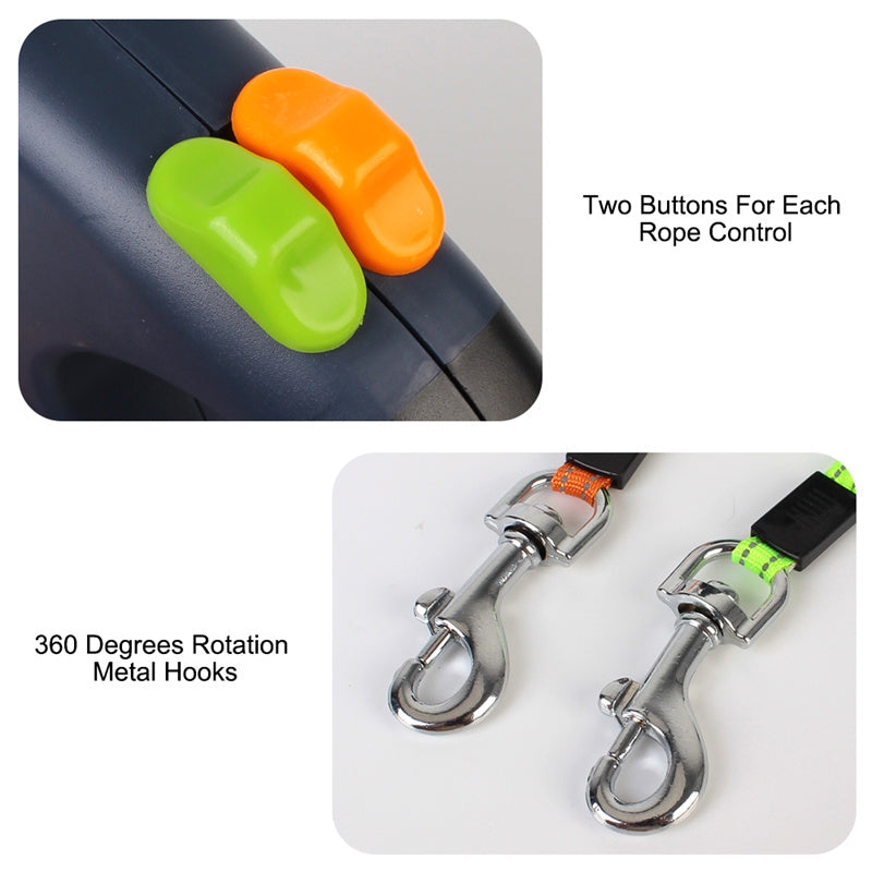 Dual control pet leash with orange and green buttons and two rotating metal hooks