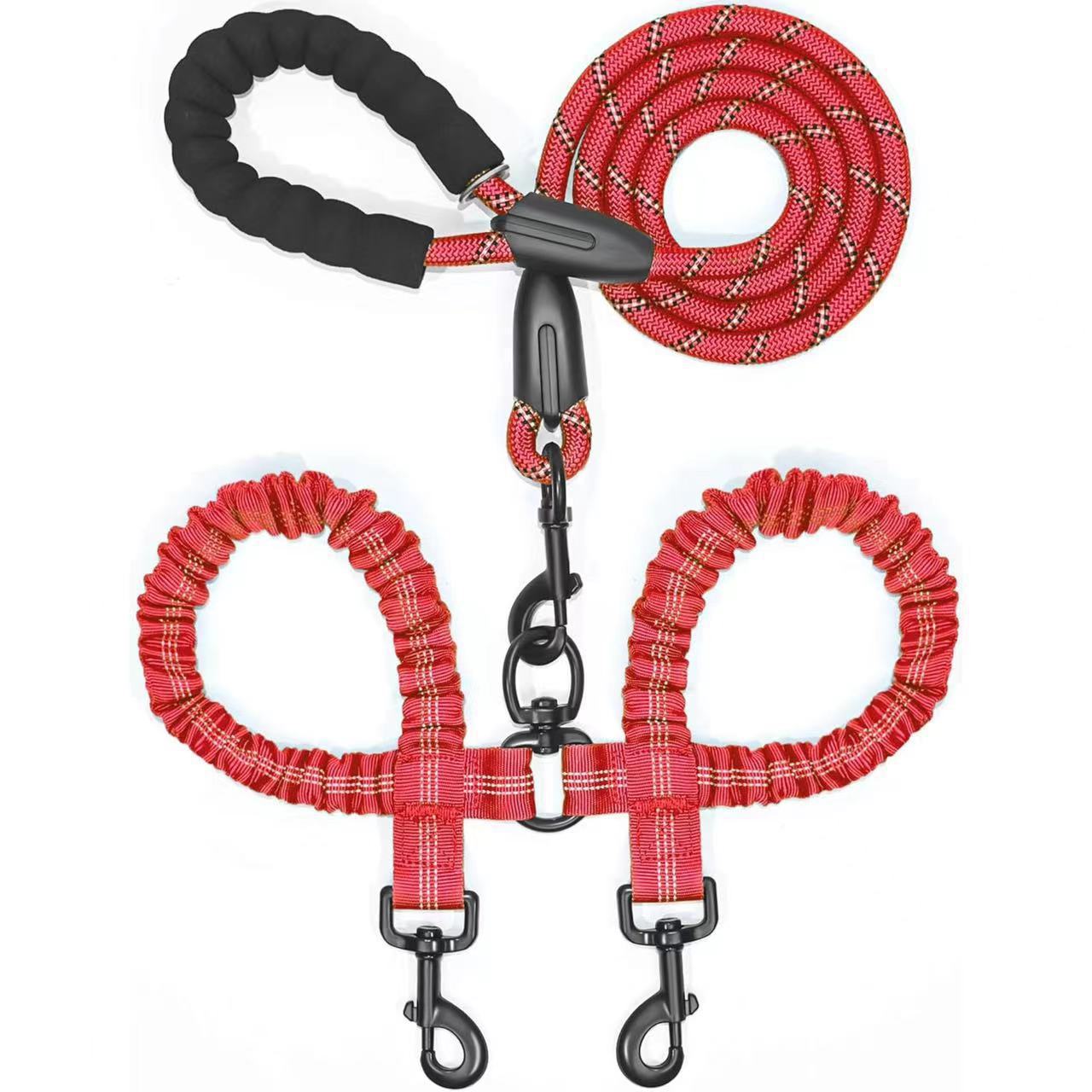 Red dual dog leash with padded handle and reflective bungee design for walking two pets