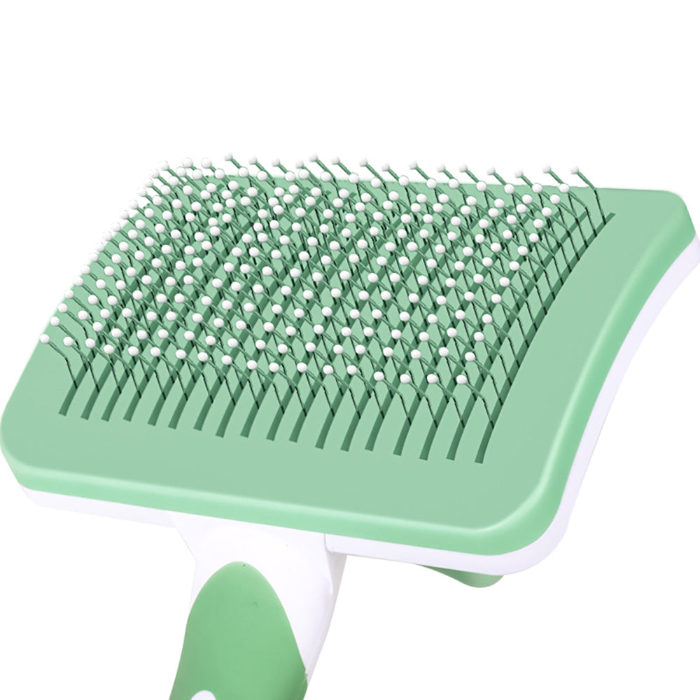 Green pet grooming brush with fine bristles and white tips for dogs and cats