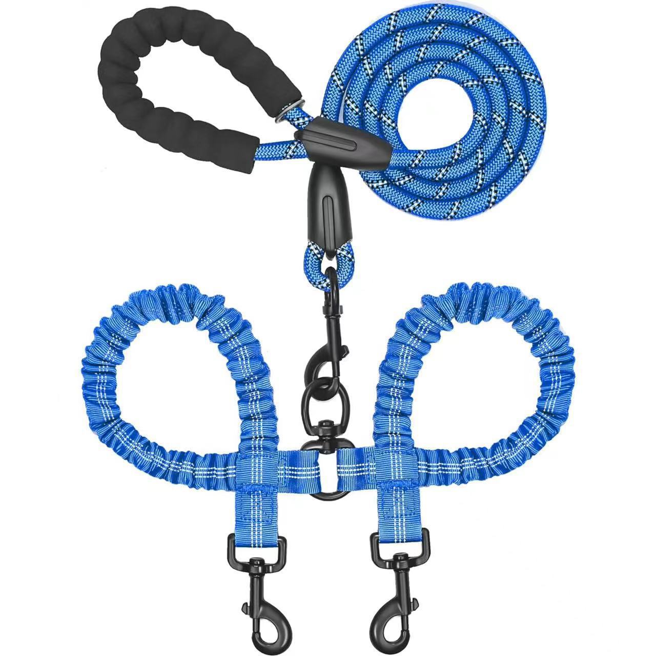 Blue double dog leash with padded handle and reflective bungee design for walking two pets