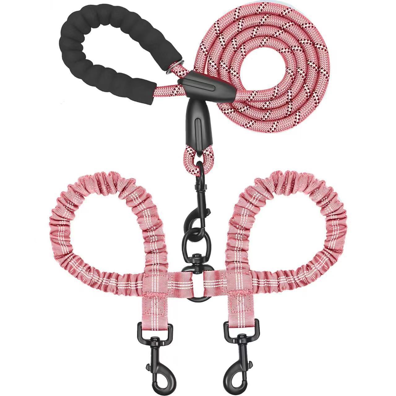 Dual dog leash with padded handle and bungee design in pink, pet walking accessory