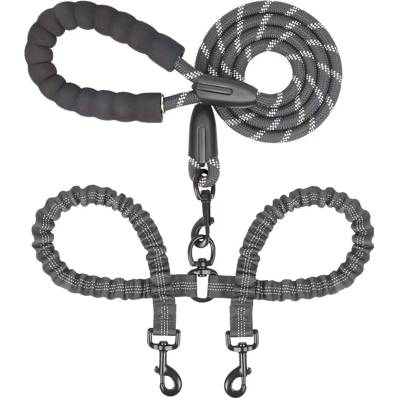Reflective dual dog leash with padded handle and tangle-free swivel design, black and grey.