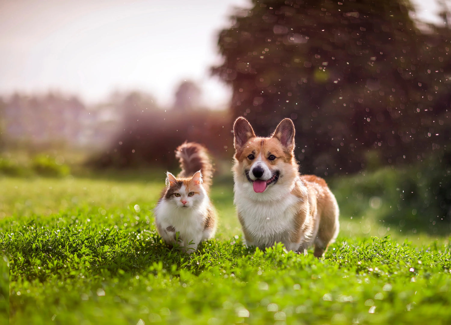 Dog and cat together on green grass outdoors, pet companions enjoying nature