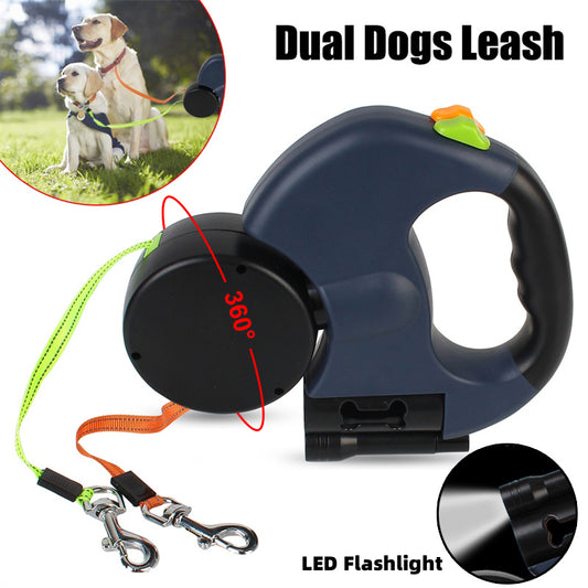 Dual dog leash with 360-degree swivel and LED flashlight, ideal for walking two dogs