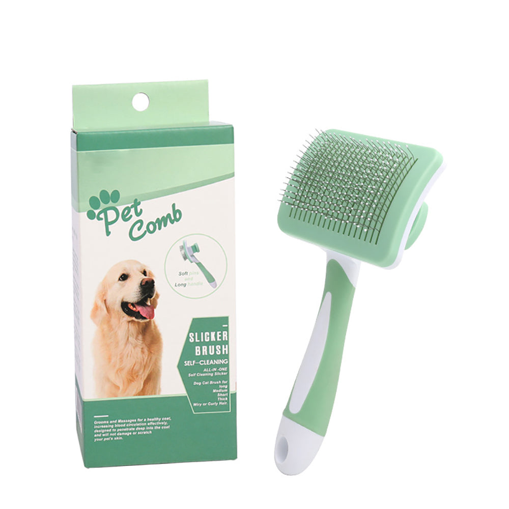 Green self-cleaning slicker brush for dogs and cats with packaging box