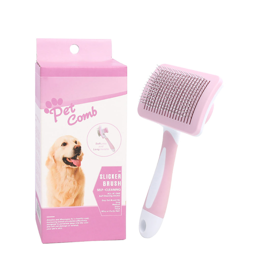 Pink self-cleaning pet slicker brush with packaging, ideal for dog grooming and detangling.