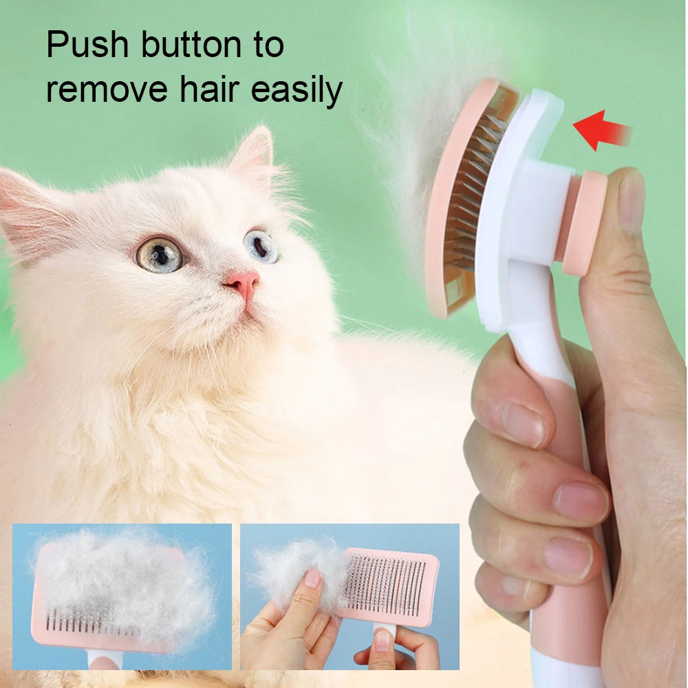 Self-cleaning pet grooming brush removing cat hair, easy push-button mechanism shown.