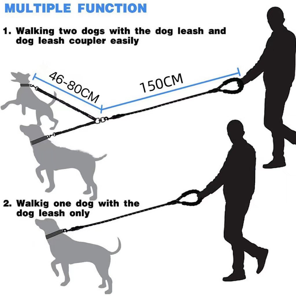 Diagram showing a multifunction dog leash for walking one or two dogs, with measurement labels.