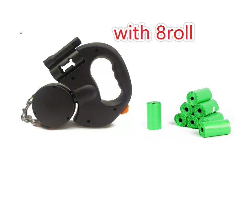 Retractable black dog leash with waste bag holder and 8 green poop bag rolls