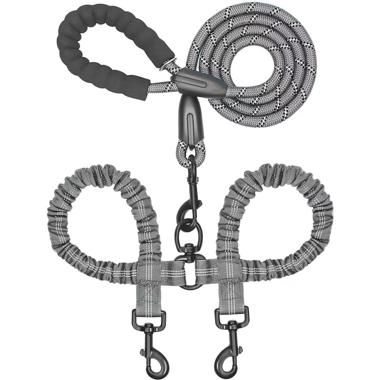 Double dog leash with padded handle, durable bungee splitter, and reflective rope.