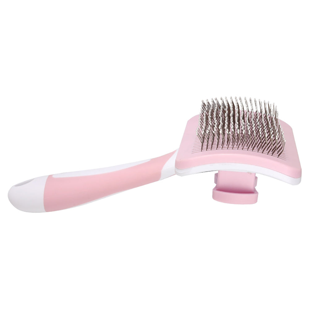 Pink and white pet grooming brush with fine metal bristles for cats and dogs