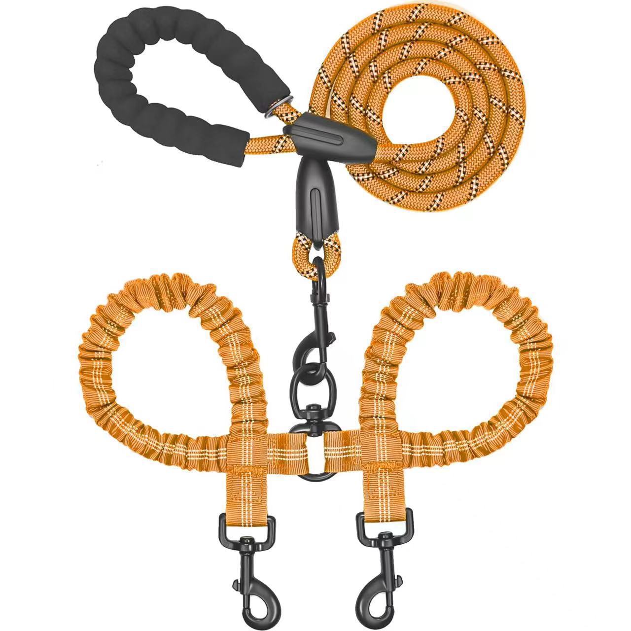 Dual dog leash with orange reflective rope and padded black handle for walking two pets